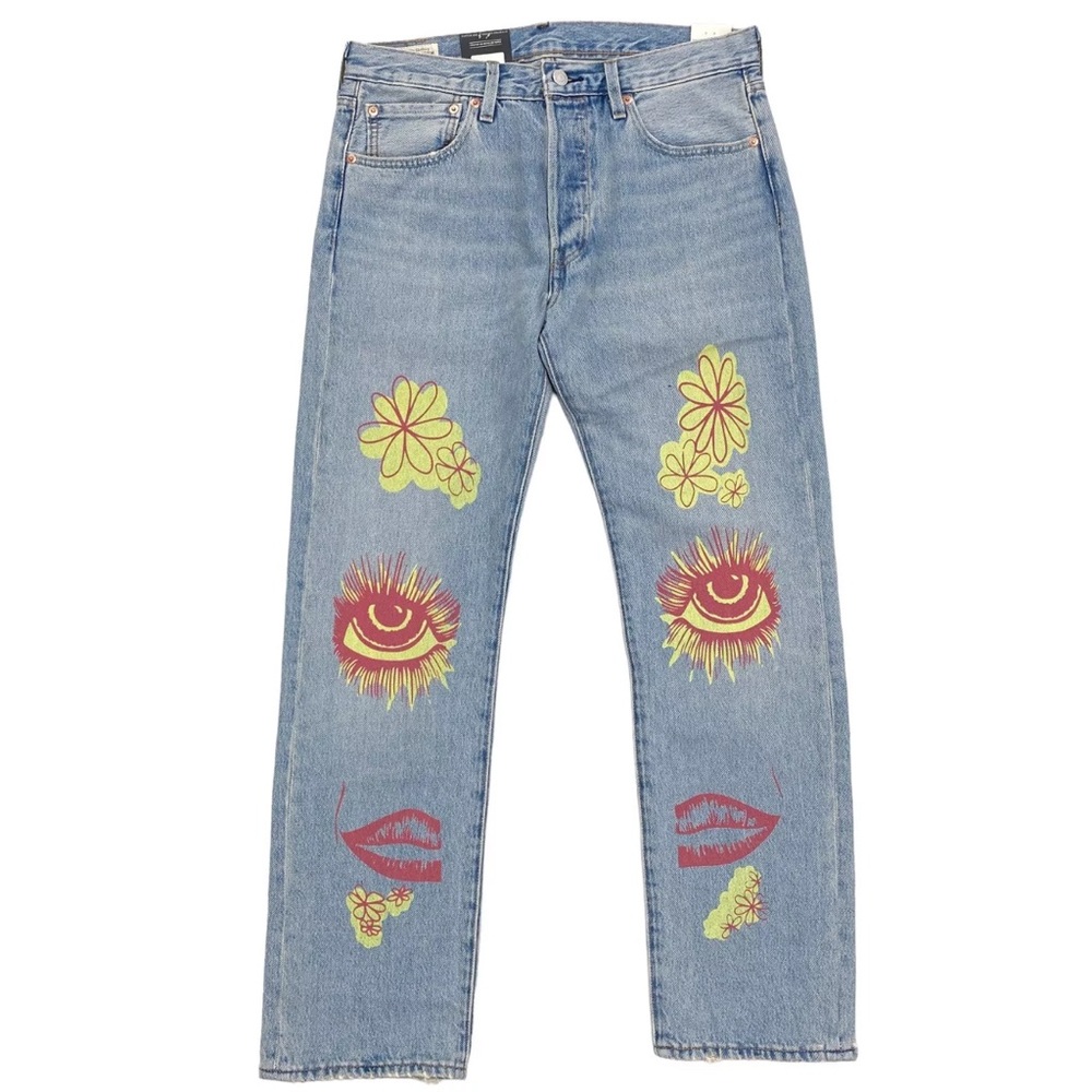 Levi's 501 Original Fit Men's Jeans Painted 'Crazy Leg Love' 60's Print